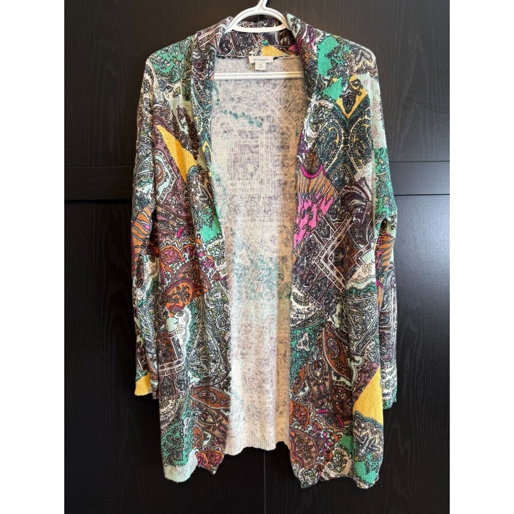 Sundance Linen Blend Open Front Colorful Paisley Cardigan Sweater XS Long Sleeve